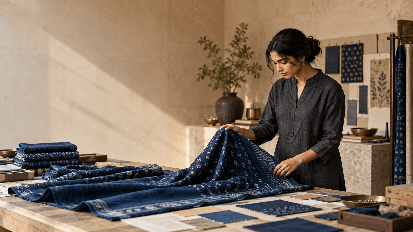 Designer reviewing indigo textiles in an atelier
